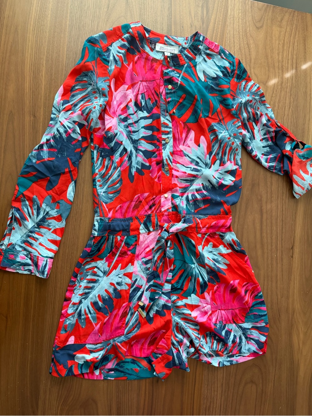 Jennifer Lopez: Tropical Leaf Red Tie-Waist Romper